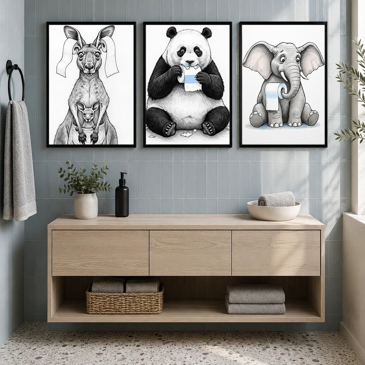 Funny Bathroom Wall Art Black and White Elephant Panda Animal Canvas Painting Nordic Poster Print for Bathroom Wall Decor