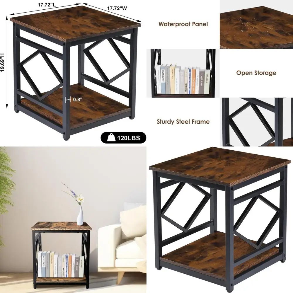 

Industrial Style Metal Frame Mini Fridge Table with Storage, Square Nightstand for Living Room and Bedroom, Large Capacity, Rust