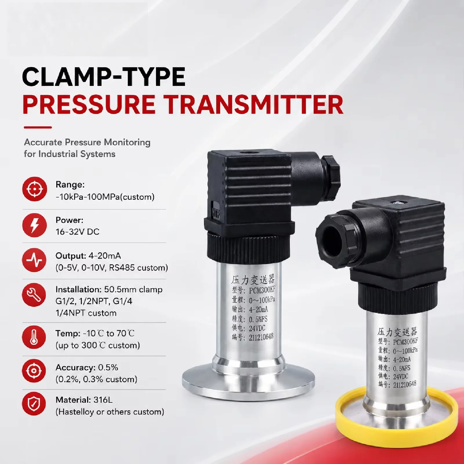 4-20ma 0-5v 0-10v Rs485 Clamp Quick Install Pressure Transmitter Sanitary 316l 12-24vdc Water Treatment