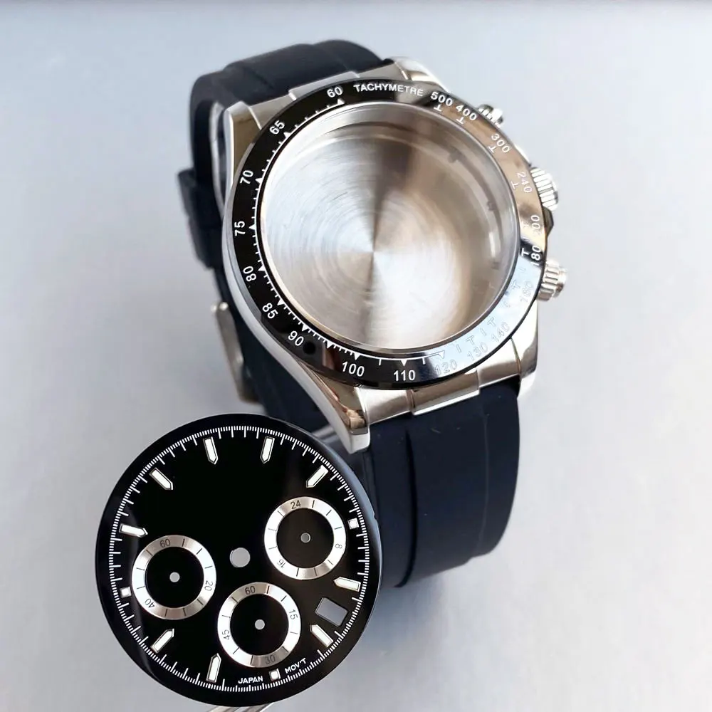 Caja de acero de 39mm + esfera + movt + conjunto de correa, accesorios de reloj para hombre aptos para cronógrafo de cuarzo VK63, piezas de cristal de zafiro multifunción