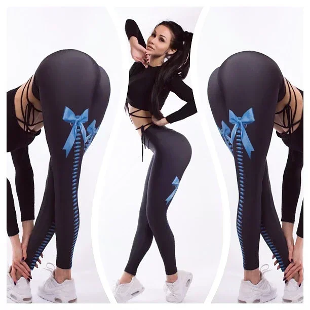 Woman Sexy Open Crotch Leggings Hidden Zippers Elastic Crotchless Sport Panties Bowknot Pattern Outdoor Sex Pant Push Up Pants