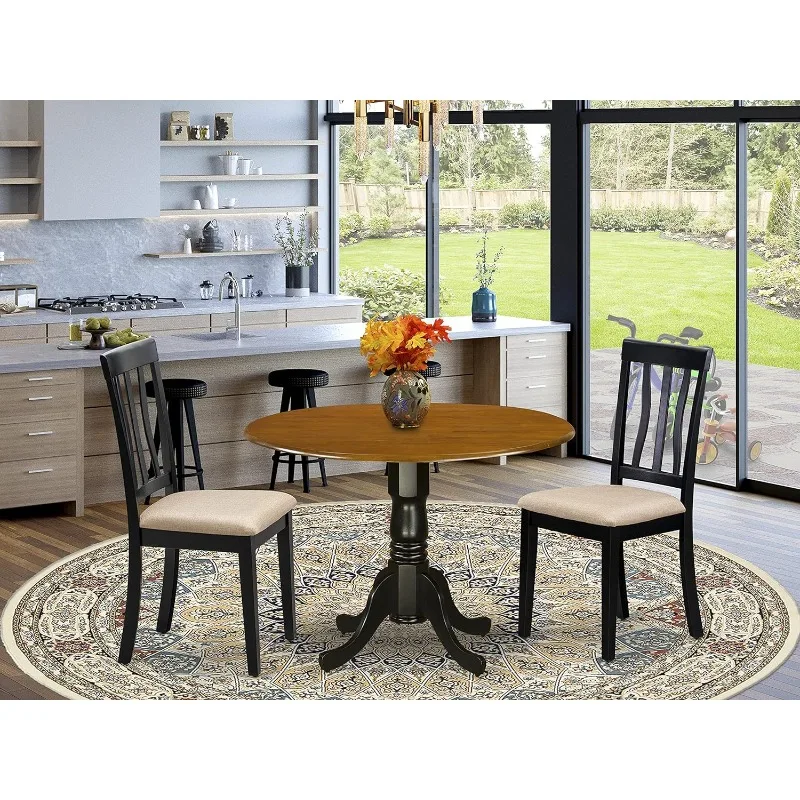 

DLAN3-BCH-C 3 Piece Dining Room Table Set Contains a Round Kitchen Table with Dropleaf and 2 Linen Fabric Upholstered