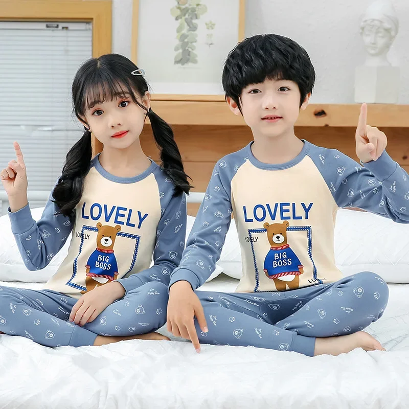 100% Cotton Children Pajama Sets Autumn Winter Cartoon Kids Pajamas Suits Long Sleeve Warm Sleepwear for Kids Children Clothing