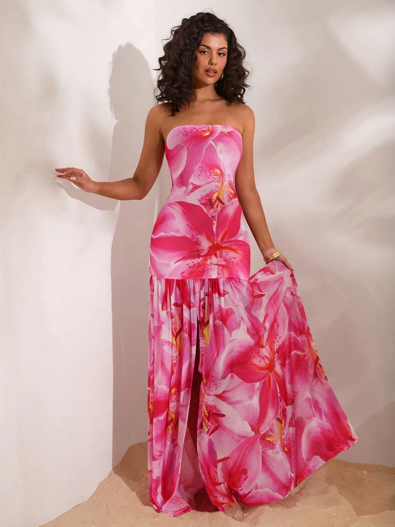 Floral Print Strapless Maxi Gown For Women Summer Beach Wedding Guest Vacation Bohemian Flowy Long Dress