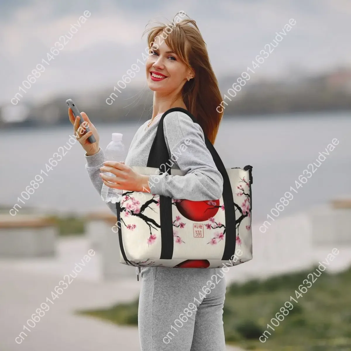 Tas Tote Wanita Motif Bunga Sakura Jepang Kustom Dengan Gambar Matahari Merah Terbit, Kapasitas Besar, Tas Bahu Untuk Gym, Pantai, dan Perjalanan