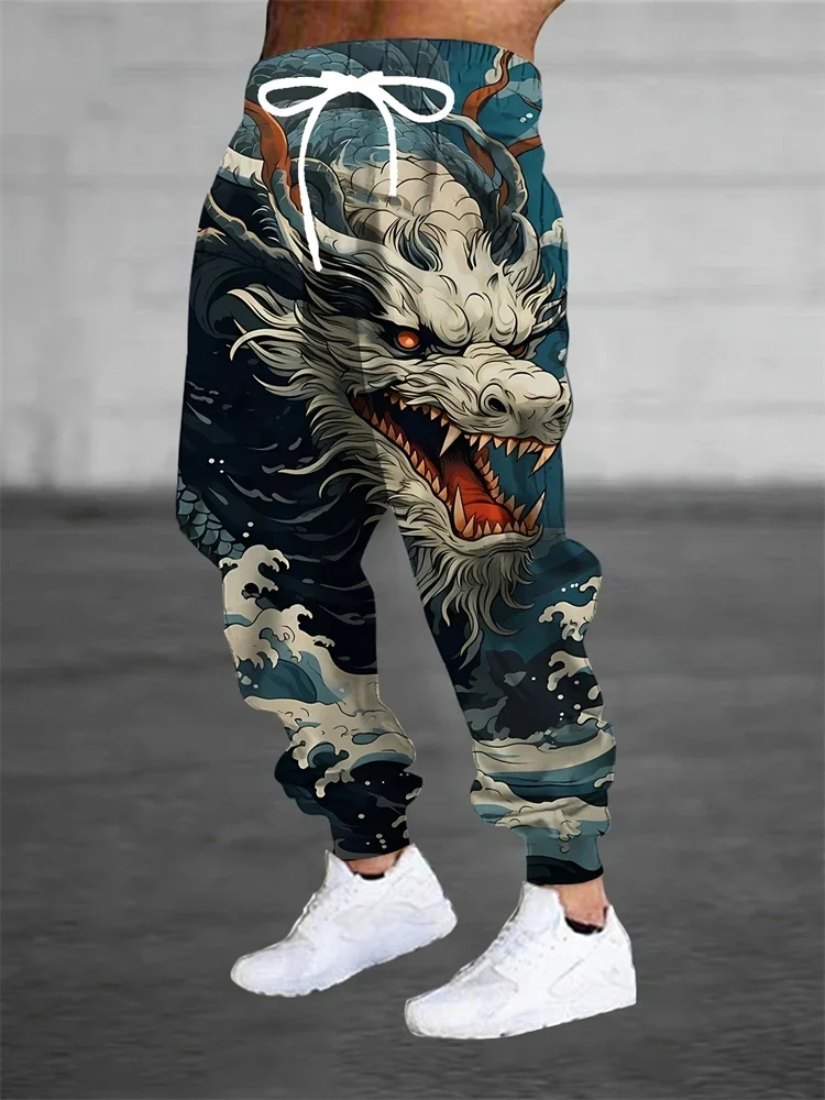 Herren-Jogginghose im 3D-Chinesischen Stil mit Doppel-Drachen-Print, lässige Trainingshose mit Kordelzug in der Taille, tailliert, Streetwear-Sporthose – Detail 6