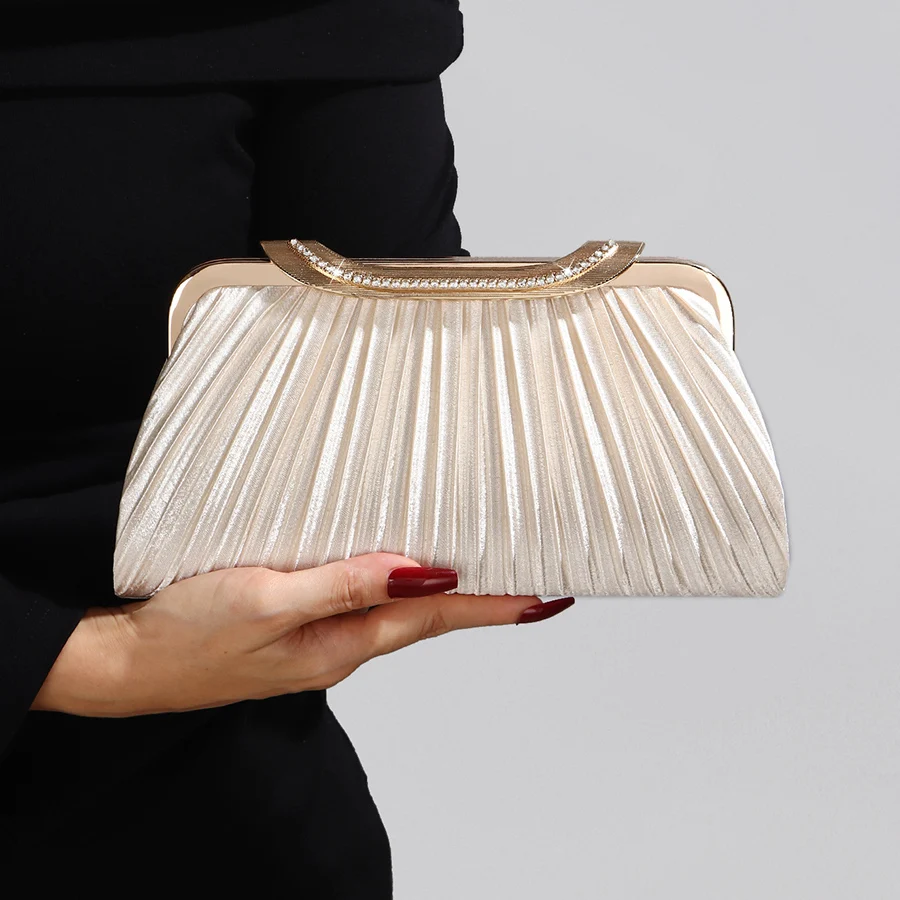 

New Crystal evening party bag - Satin pleated banquet dress handbag - women's chains shoulder-slung crossbody pleated clip bags