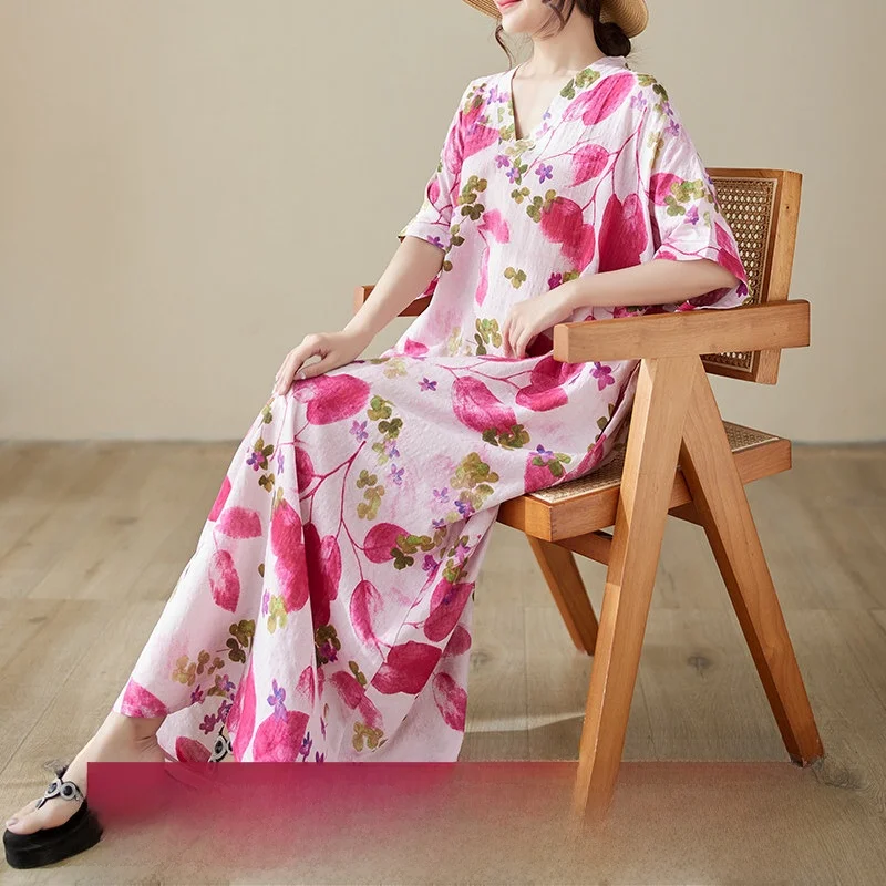 

V-Neck Cotton Lin Loose Long Beach Skirt Summer Artistic Women's Robe City Walk High Waist Batwing Sleeve Printed Maxi Dress