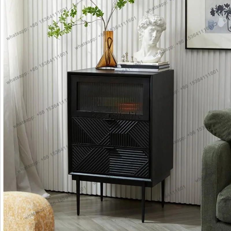 56Nordic solid wood carving geometric lines double drawer storage three bucket cabinet upturn door bedside table
