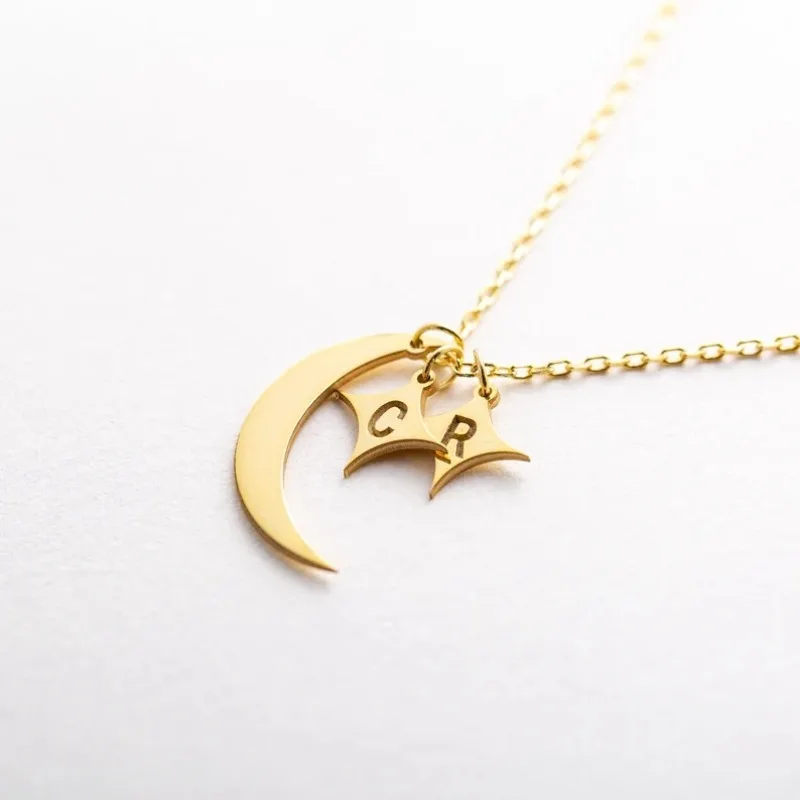 Crescent Moon Star Necklace Custom Initials Moon and Star Necklace, Gift for Her, Christmas Gift, Personalized Letter Pendant