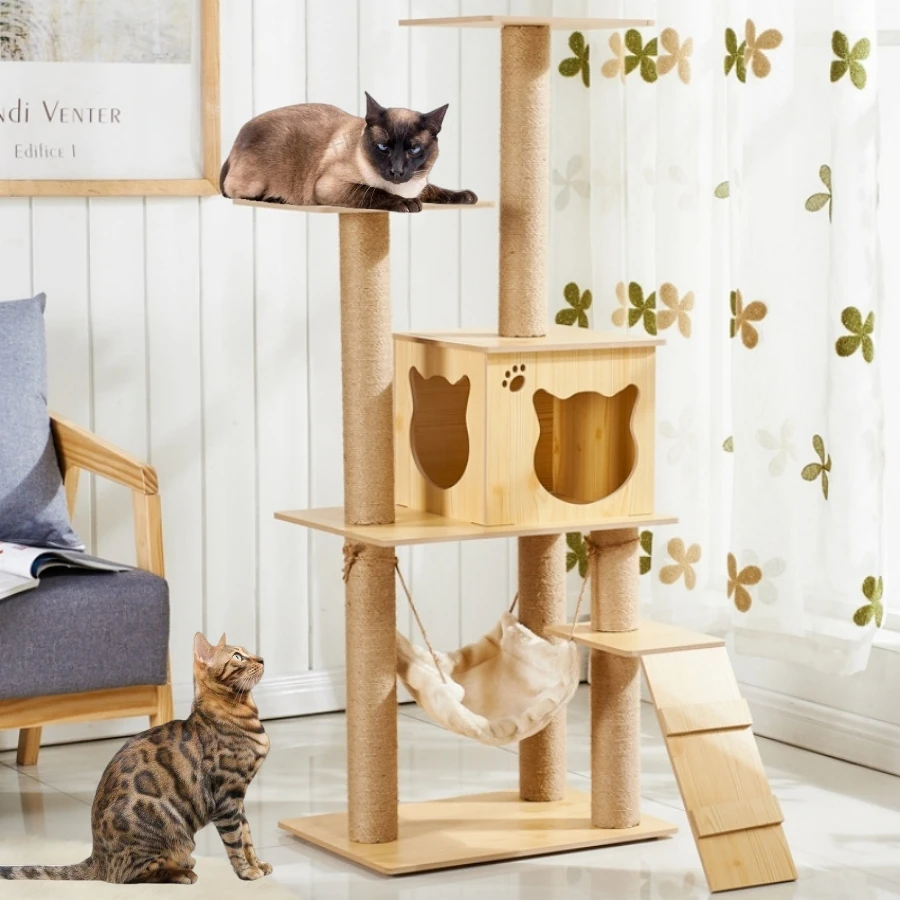 Multi-layer Wooden Tree House with Sisal Rope, Cat Scratching Posts, Plush Cloth Hammock, Climbing Frame