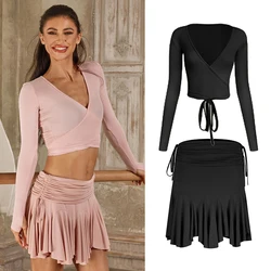 ZYM-ropa de baile latino para mujer, ropa de práctica, Tops de manga larga, falda con cordón, ropa de actuación de baile Rumba Cha DNV21784