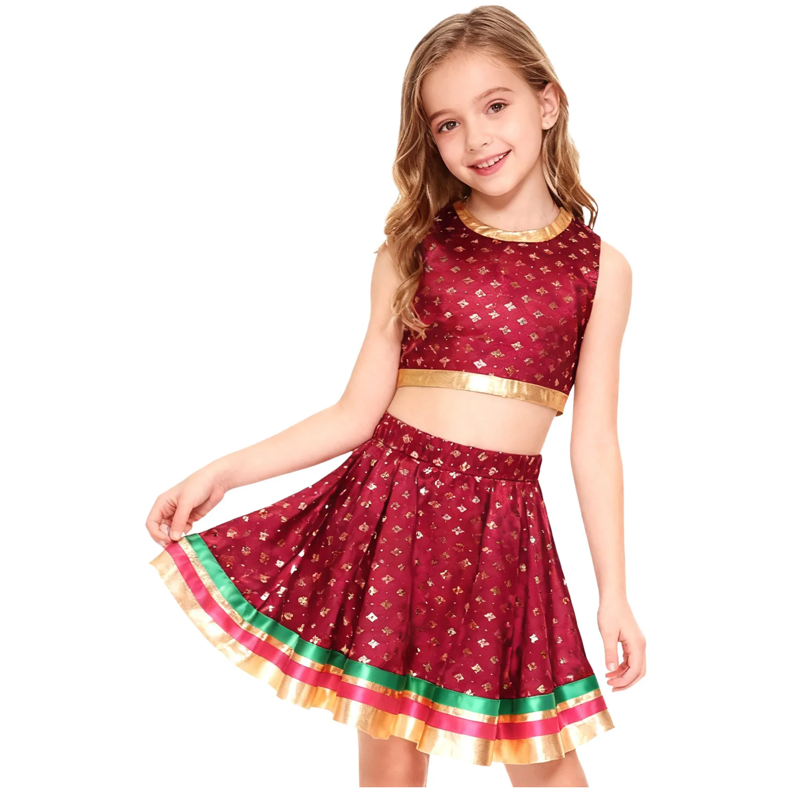 Strój taneczny dla dziewczynek, indyjski lehenga choli, satynowy brokat ze złotymi motywami, krótki top i spódnica, kostium taneczny.