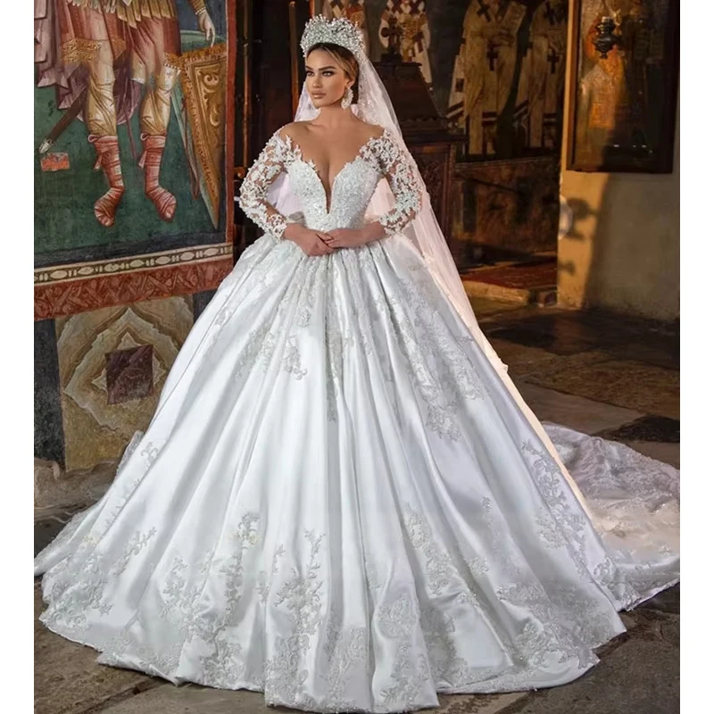 

Classic Church Wedding Dress Deep V-Neckline Sheer lace sleeves Off the shoulder White Satin Ball Gown Bridal Dress