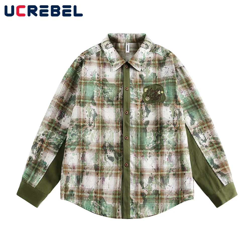 Flower Embroidery  Long Sleeve Plaid Shirts Mens Spliced Autumn Retro High Street Loose Single Breasted Curved Hem Shirts Men