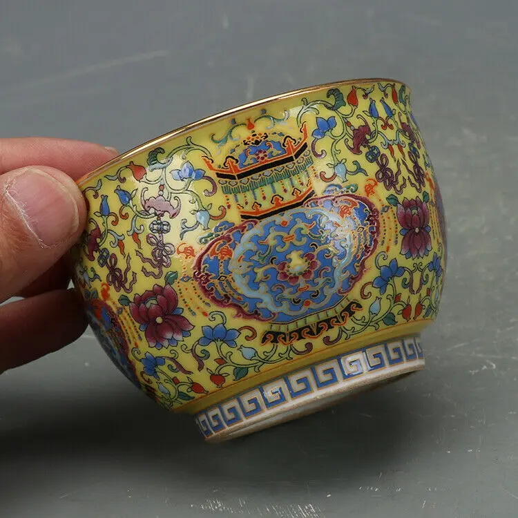 Chinese Colour Enamel Porcelain Qing Yongzheng Bogu Lotus Teacup Cup 3.15 inch