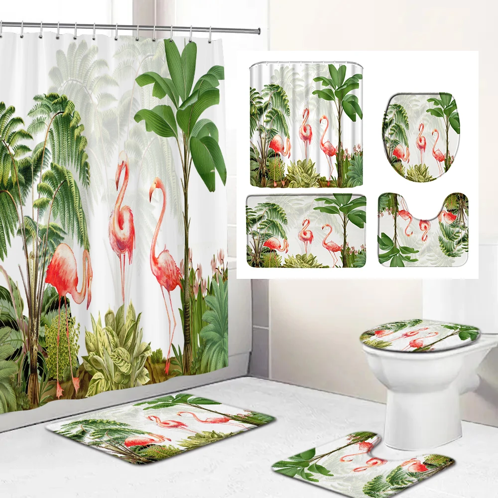 Tropical Plants Flamingo Printing Shower Curtain Set for Bathroom Non Slip Bath Mat and Bath Curtain Set Bath Rug Toilet Carpet