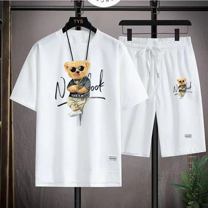 2024 Summer men's sportswear set Korean fashion short-sleeved T-shirt + Shorts 2-piece Harajuku Sportswear Men's casual suit