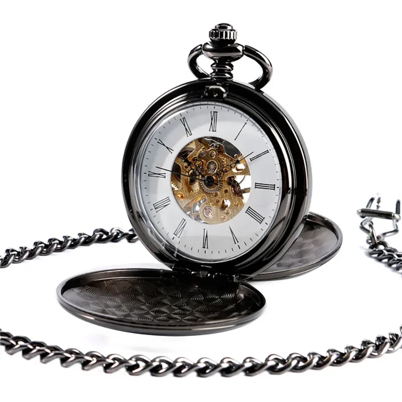 

Antique Full Black Smooth Case Unisex Pocket Watch Skeleton Handwinding Mechanical Clock Double Hunter FOB Chain Roman Number