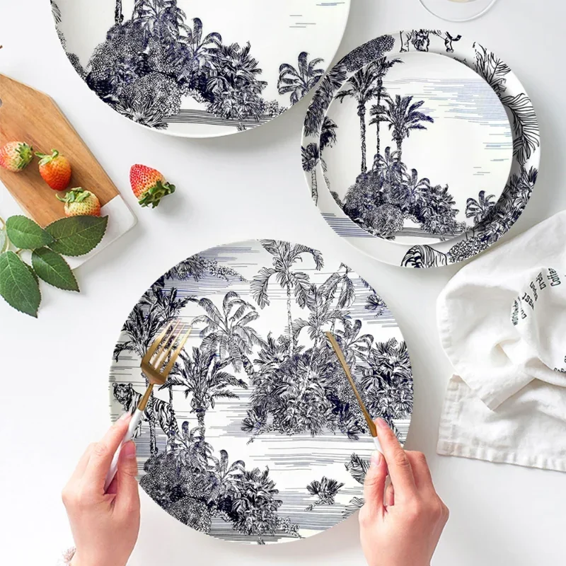 High Grade Bone Porcelain Dinner Set, Plates and Dishes, Black and White, Jungle Tiger Ceramic Plate