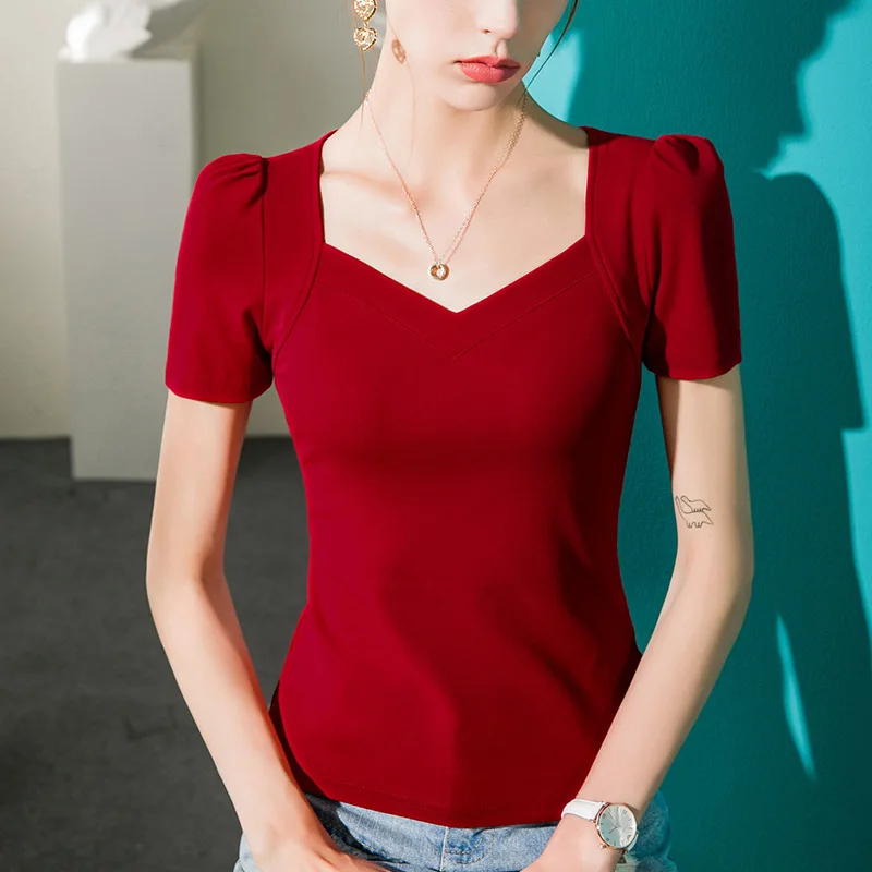 

#4418 Black White Red Puff Sleeve T Shirt Women V-neck Cotton Sexy Short Office T Shirt Ladies Skinny Womens Tee Shirts Summer