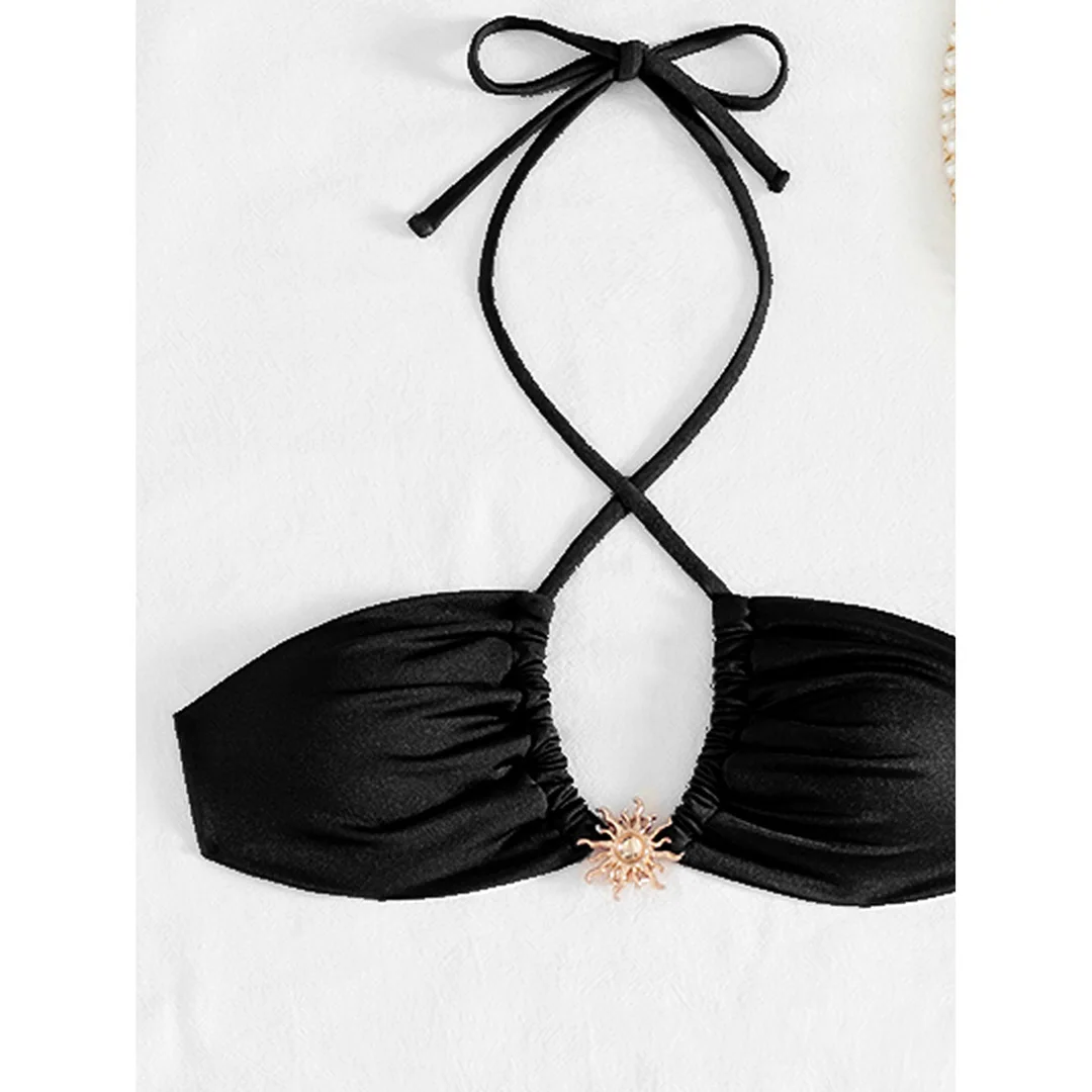 Neuer schwarzer, sexy Bikini mit Rock, Neckholder-Bikini, Damen-Badeanzug, dreiteiliges Bikini-Set, Badebekleidung, Badeanzug, Schwimmbekleidung V6398B – Detail 13