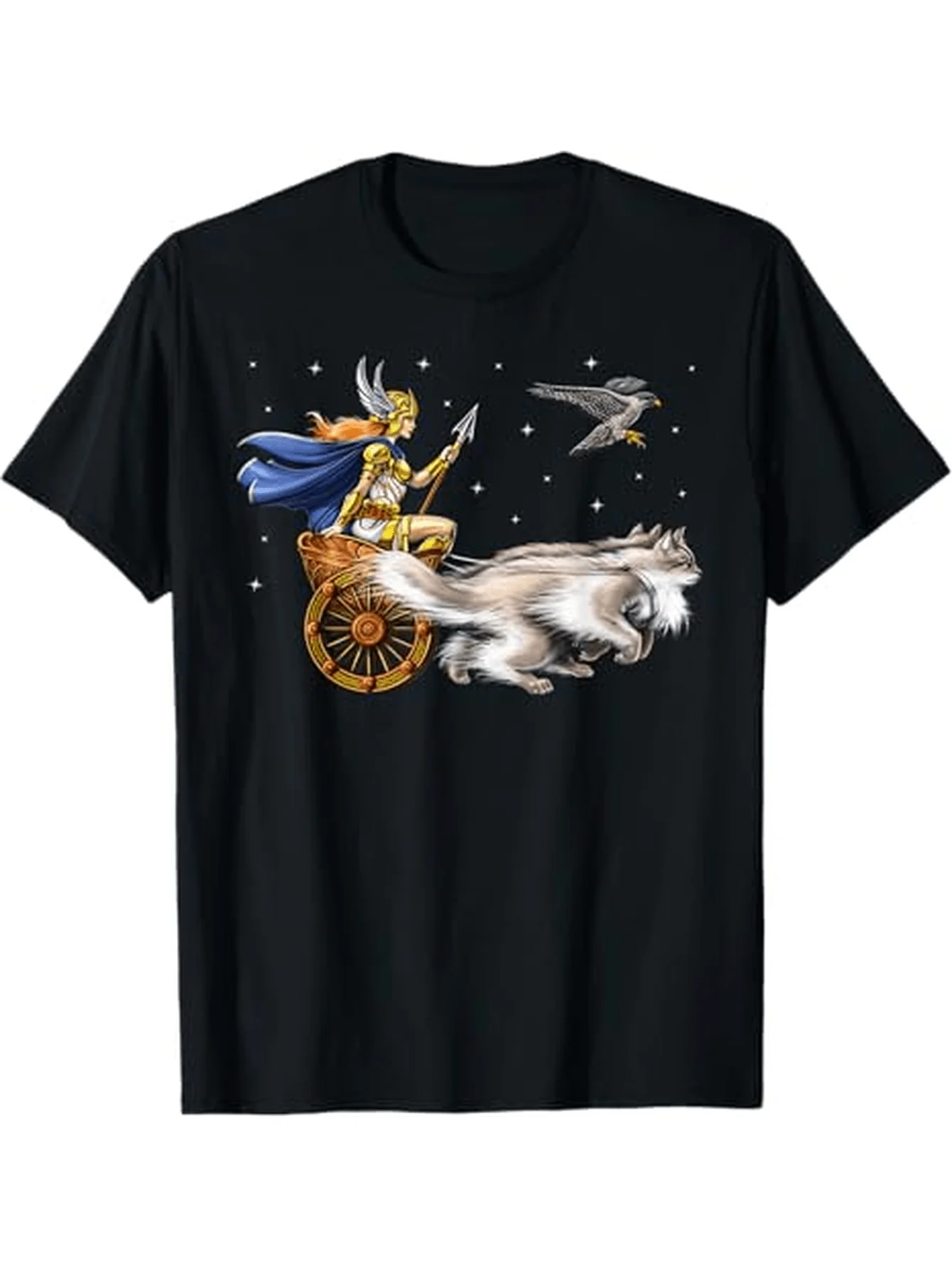 

Nordic Warrior Goddess Freya Riding Wolf & Raven Graphic T-Shirt 100% Cotton O-Neck Short Sleeve Summer Casual Mens T-shirt