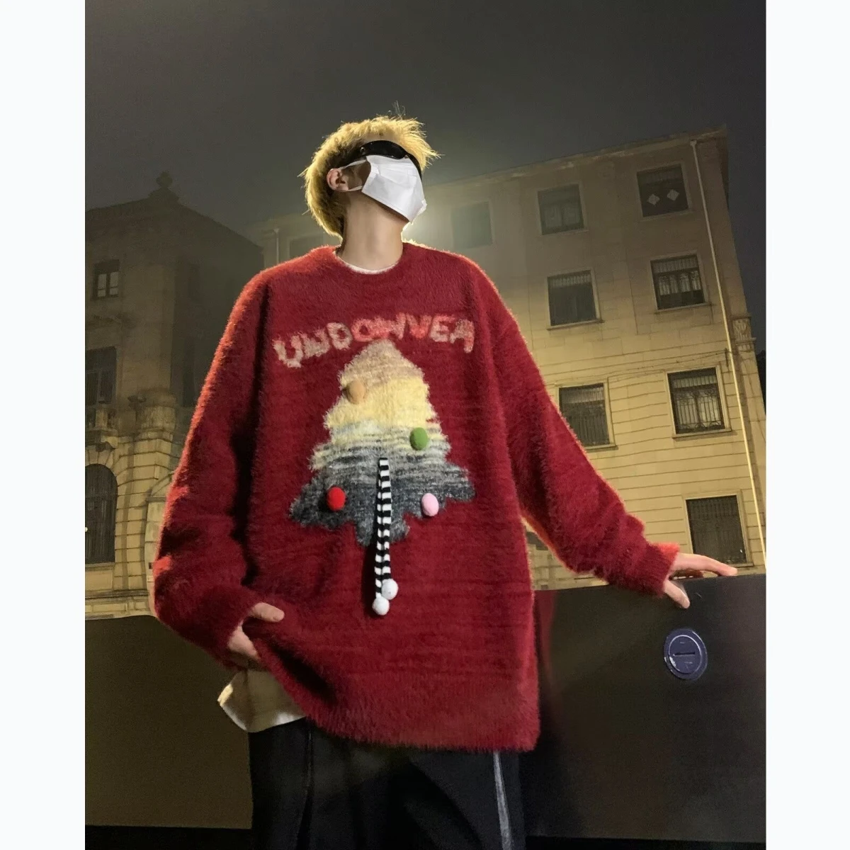 

Loose Red Knitted Sweater Trendy Top for Men Cisas Cisas Sle Casual Polyester Fiber Winter Season Overhead Wear