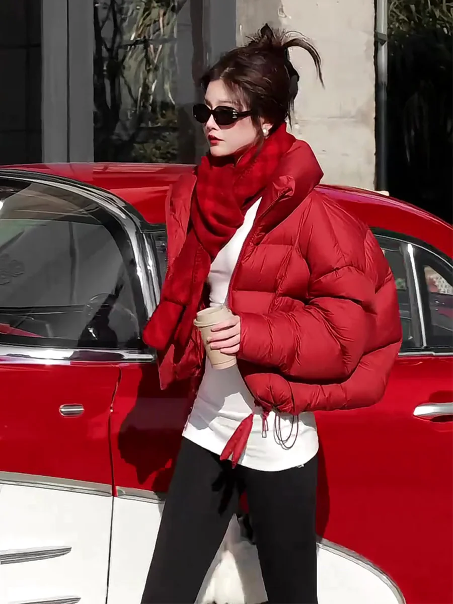 

Red ort Puffer Jaet Women's Winter Thiened Warm Outerwear Du down Bread Coat Stand Collar Casual Sle Loose Fit