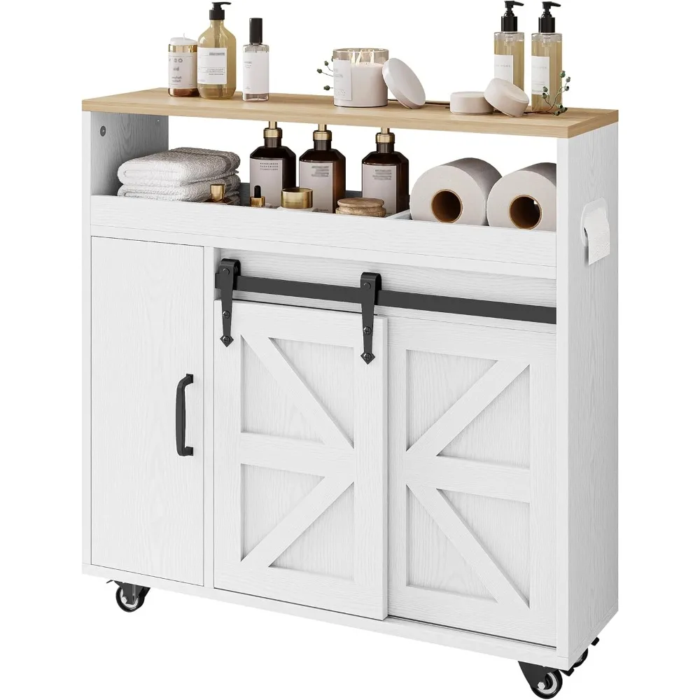 

Toilet Paper Cabinet, Slim Bathroom Cabinet with 4 Rolling Wheels, Farmhouse Slim Storage Cart with Paper Holes, Sliding Doors