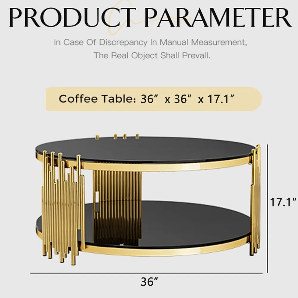 طاولة قهوة زجاجية مستديرة مقاس 36 بوصة طاولة غرفة معيشة سوداء فاخرة حديثة، طاولة كوكتيل بأرجل غير منتظمة من الفولاذ المقاوم للصدأ باللون الذهبي