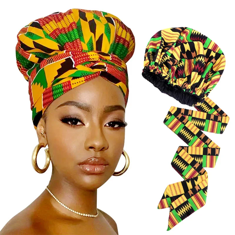 African Pattern Print Bonnet Women Night Sleep Cap Long Ribbon Satin Lining Headwrap Double Layer Headscarf Hair Cover