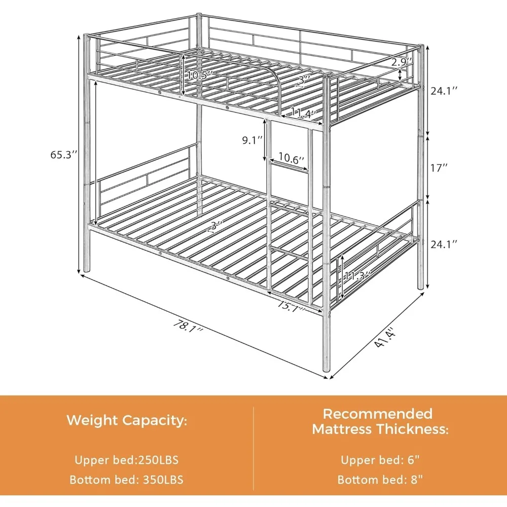 Merax Bunk Bed with Ladder and high Guardrail, Able to Split, Metal Bunk Bed, Storage Space, Noise Free,Twin Over Twin Size