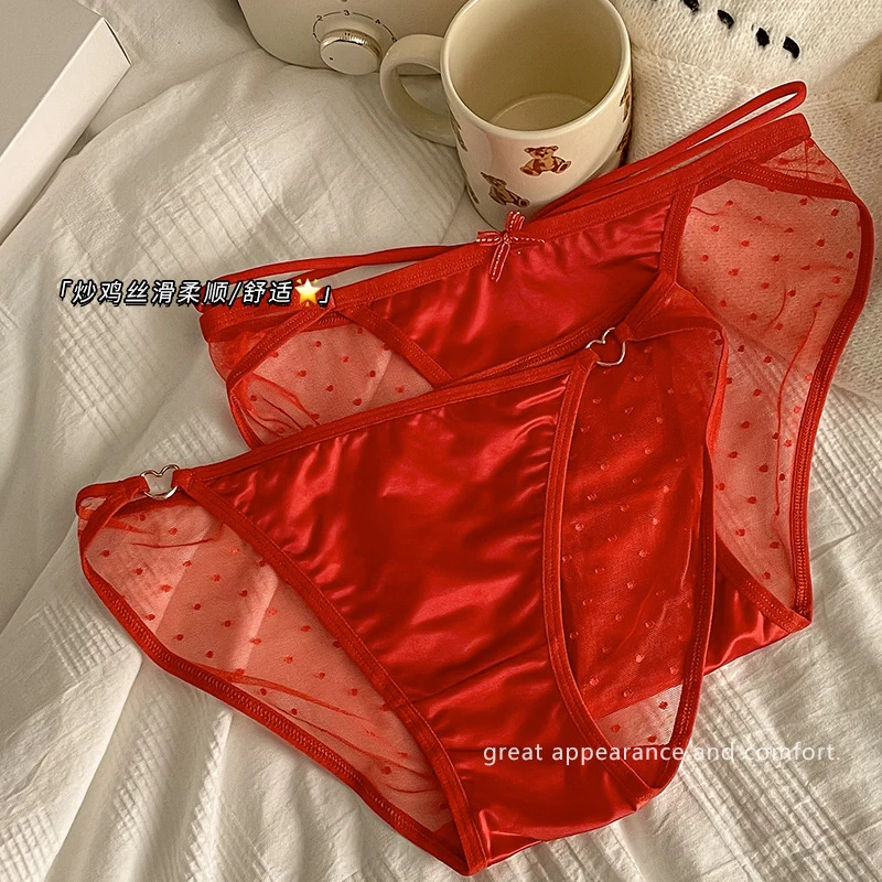 Satin Colored Red Underwear For Women In Their Zodiac Year, Comfortable Pure Cotton Crotch, Low Waisted Triangle Pants