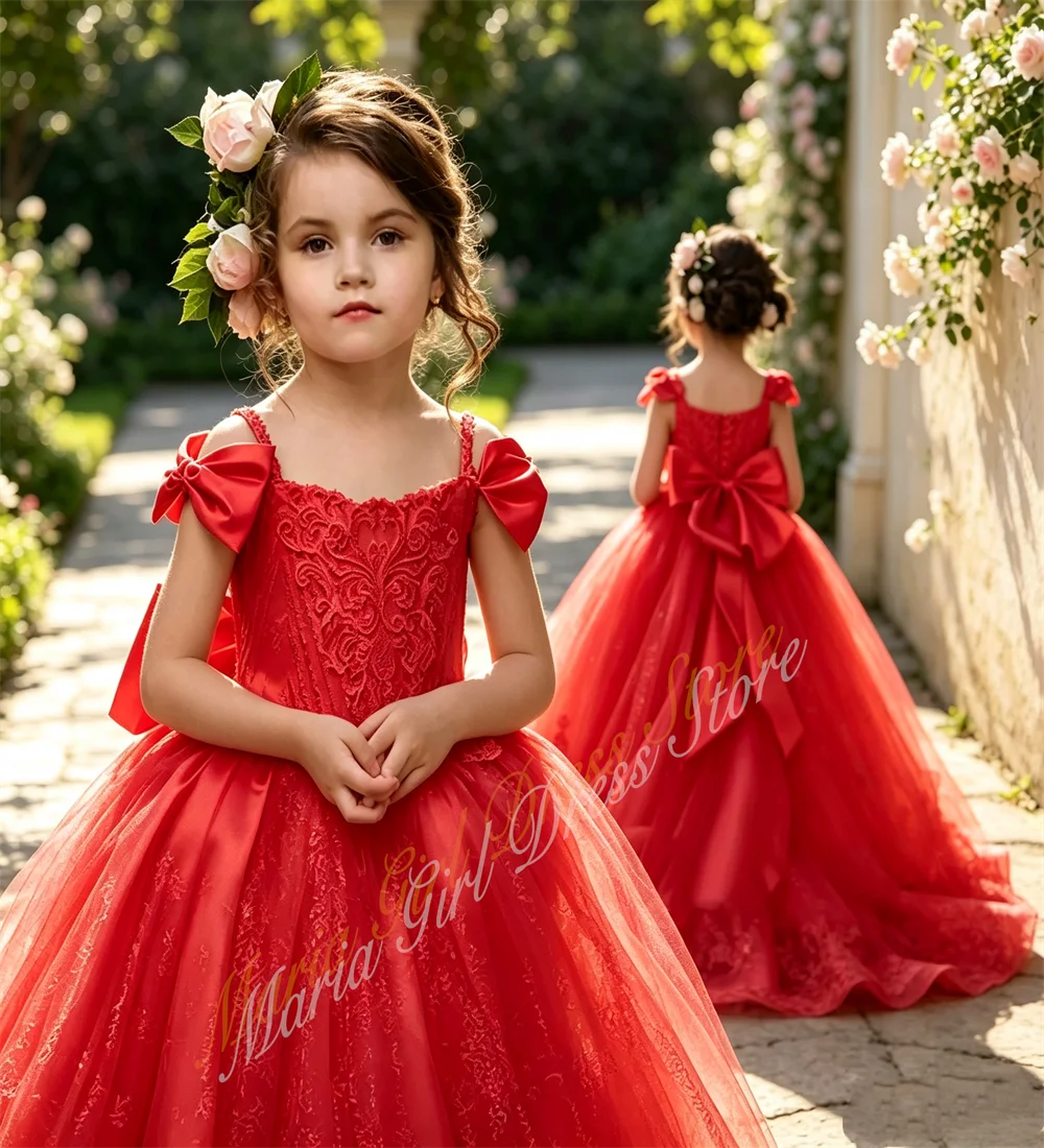 2026 Girls Princess Dress Fluffy Mesh Red Flower Girl Wedding Birthday Party Bow Shoulder Banquet Performance Host Gown