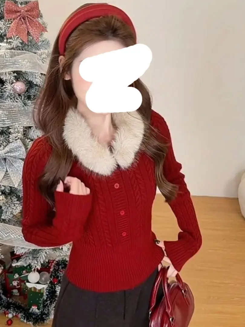 

Cisas Themed Detachable Fur Collar Knitted Sweater Red Autumn Winter Slim Fit Long Sve Warm Faion Women's Set