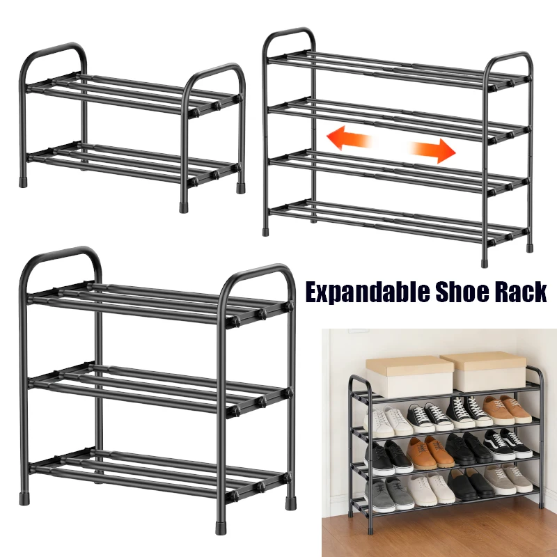 Expandable 2/3/4 Tier Shoe Cabinet Black Metal Freestanding Shoe Cabinet Suitable for Living Rooms, Bedrooms, and Hallways