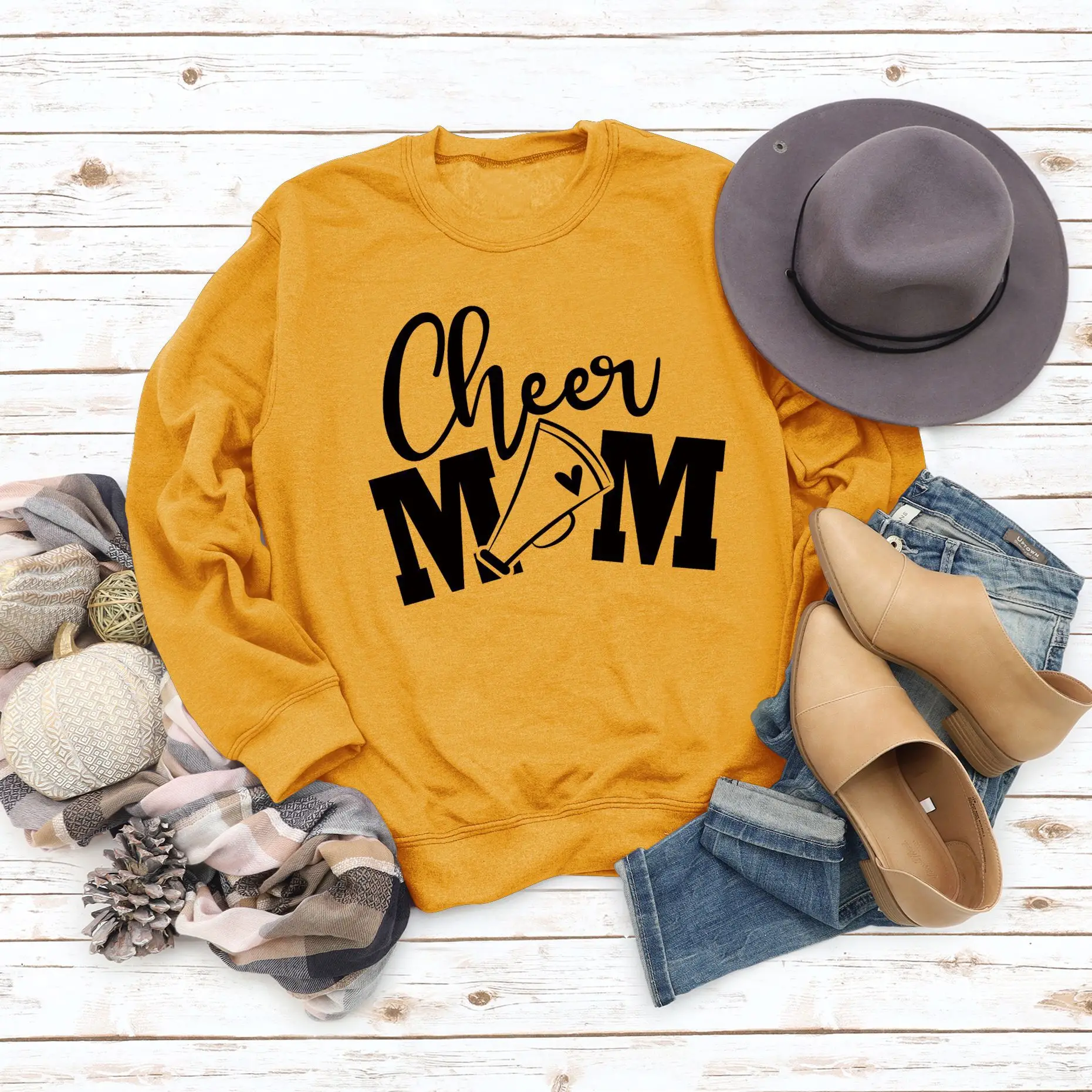 Autumn and Winter Cheer Mom Letter Print Casual Round Neck Sweater Long Sleeve Top