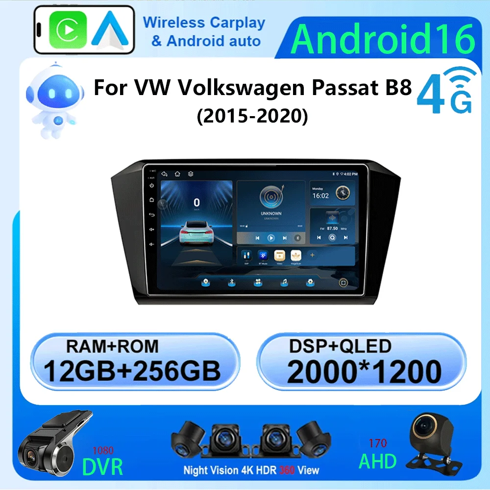 Android 16 Carplay For Volkswagen VW Magotan Passat B8 2015 2016 2017 2018 2019 2020 2021 Car Radio GPS Player Multimedia Stereo