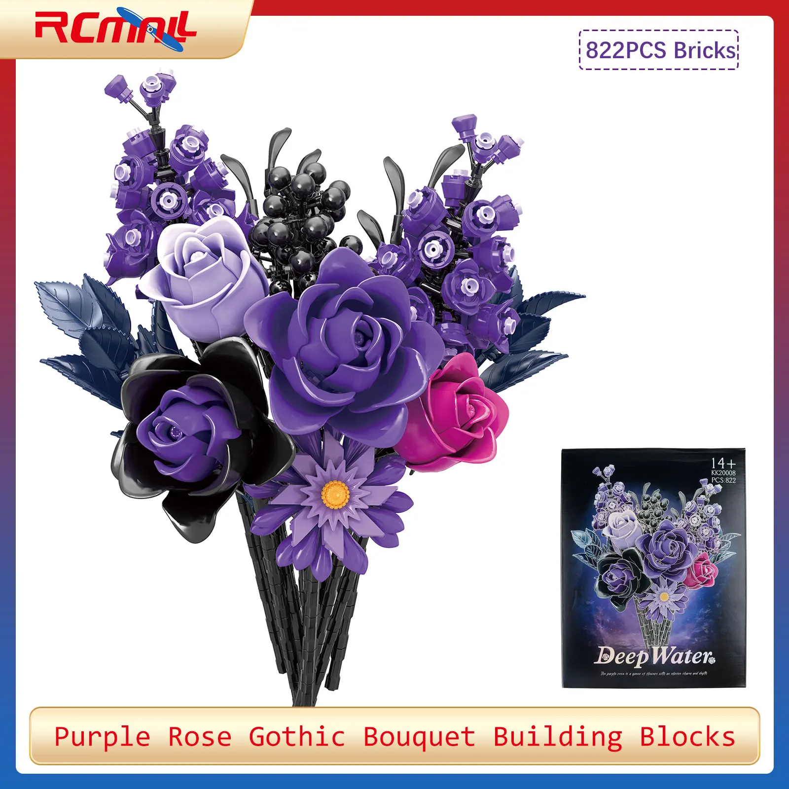 

Purple Rose Gothic Bouquet Building Blocks Flowers Artificial Flowers Botanical for Home Decor Valentines Mother's Day Gift