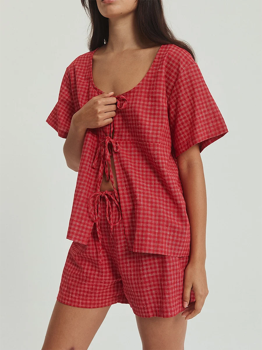 Ensemble de pyjama à manches bouffantes pour femmes, tenues de salon décontractées, chemise portée devant, short en Y, Y2k, été, 2 pièces