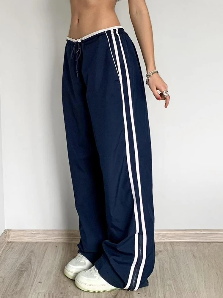 Sweetown Side Zipper Split Contrast Stripe Loose Casual Women Straight Leg Pants Y2K Baggy Trousers