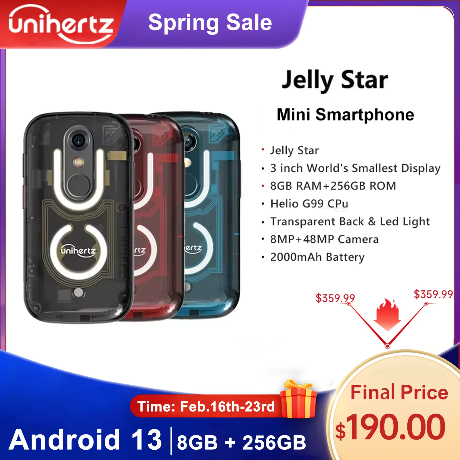 Unihertz Jelly Star Android 13 8GB 256GB Led Light Unlocked Transparent Backshell 48MP 3 inch 2000mAh