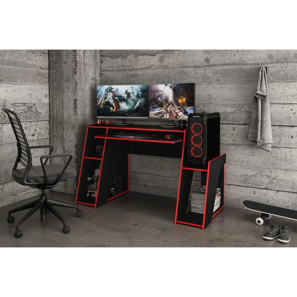 Gaming Computer Desk with Keyboard Tray Shelves Multi Monitor Setup Cable Management Features Durable Engineered Wood