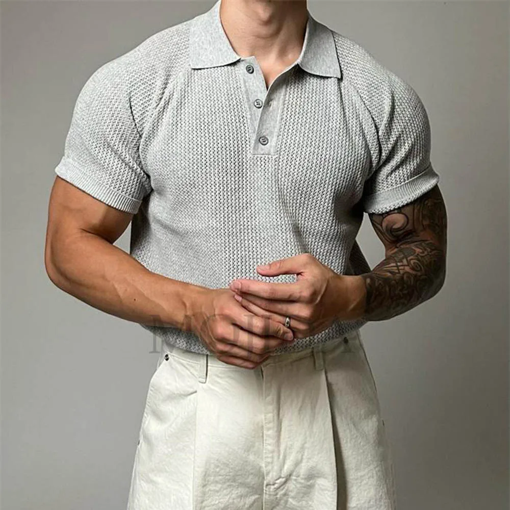 

Summer New Men's Solid Color Knitted Short-Sleeved T-Shirt American Retro Fashion Trend Loose Casual Breathable Men's Tops