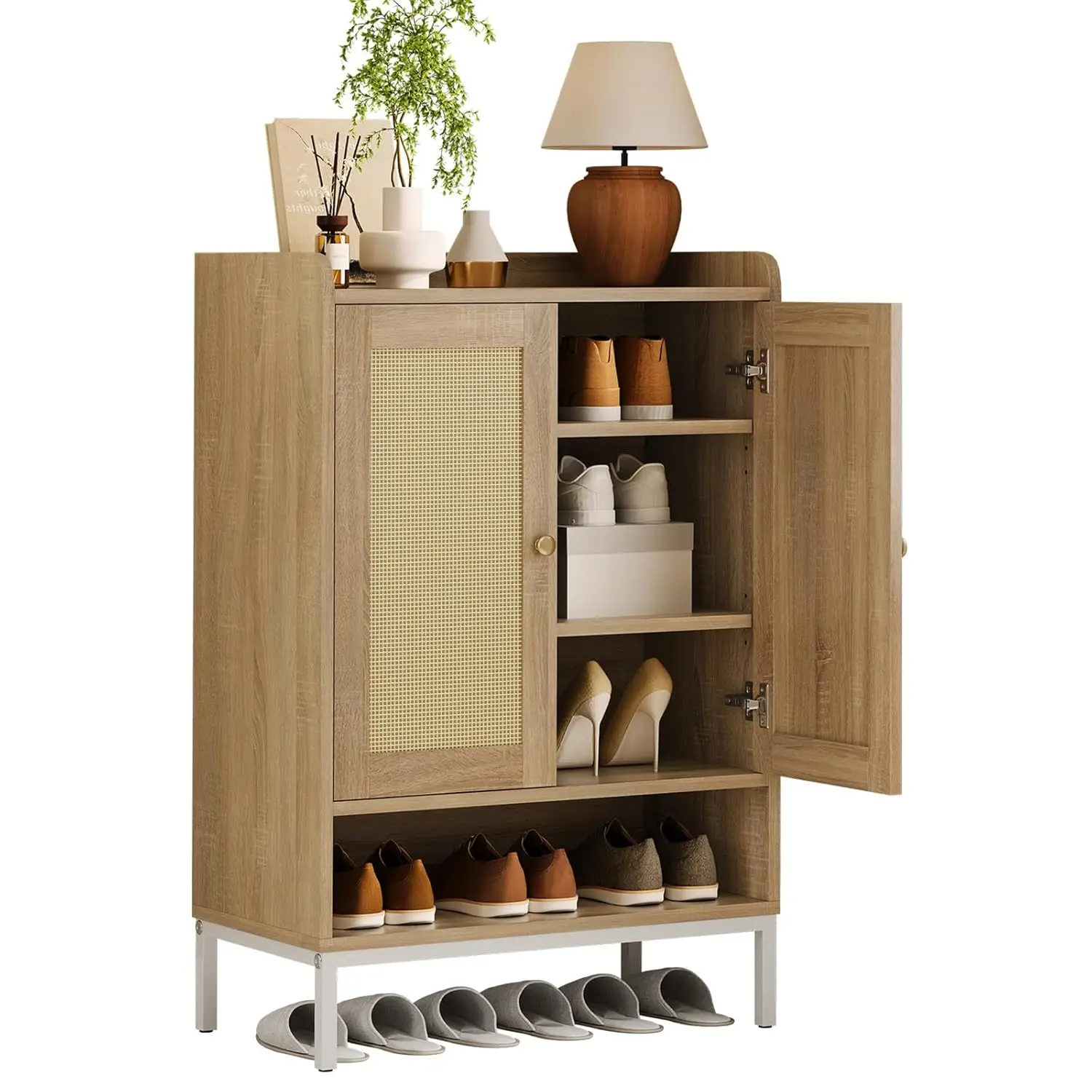 #Rattan Shoe Cabinet with Doors & Adjustable Shelves, 5-Tier 20 Pair Narrow Entryway Storage for Hallway, Customized