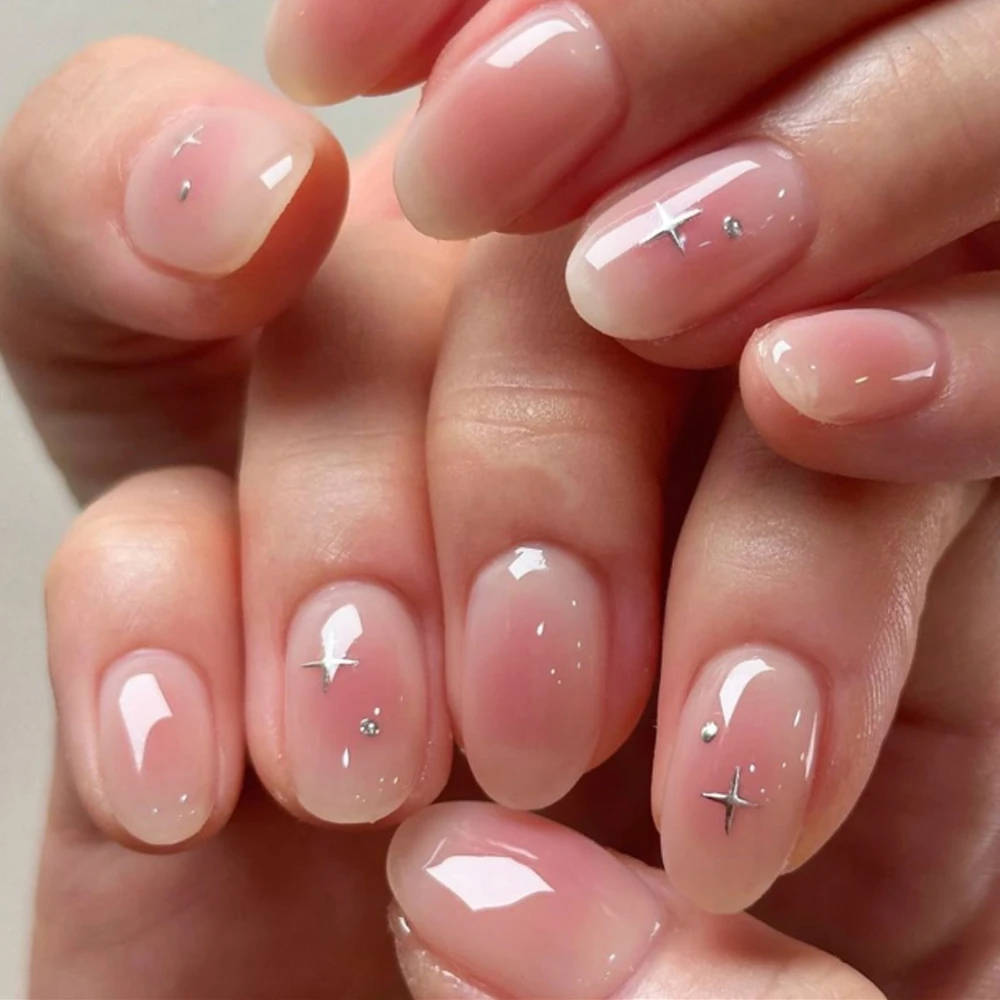 シルバースターズ ピンクハロー染色 ウェアラブル ショートラウンドネイルアート シックヌードフェイクネイル 取り外し可能 完成済み付け爪 プレスオンネイル