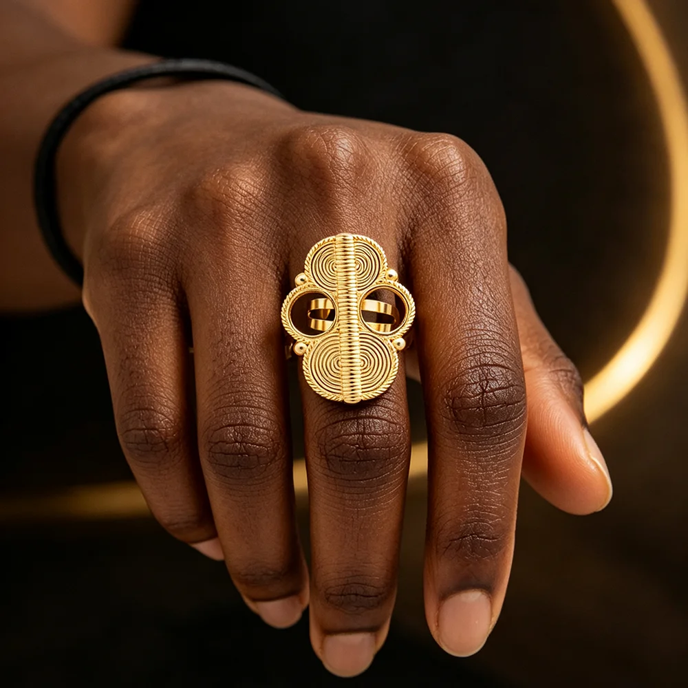 Damen-Ohrring- und Ringset mit dreifachem, spiralförmigem, offenen Design, 18 Karat vergoldet, afrikanischer Ethno-Stil, Statement-Schmuck, Party- und Hochzeitsgeschenk – Detail 7