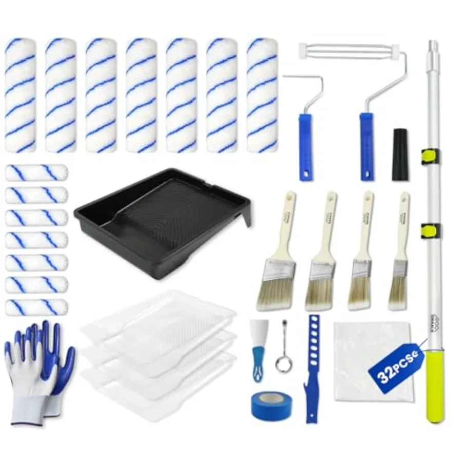 

Paint Roller Kit with Extension Pole - 2 to 4 Feet Pole, 4 inch 9 inch Paint Rollers, Paint Brushes for Walls, Painters Tape an