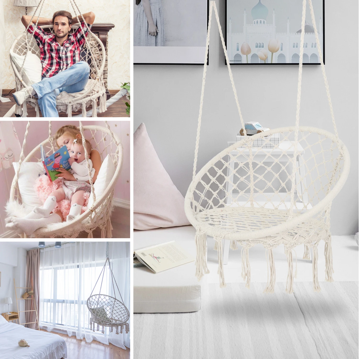 

Hammock Chair Macrame Swing Max 330 Lbs Hanging Cotton Rope Hammock Swing Chair for Indoor and Outdoor